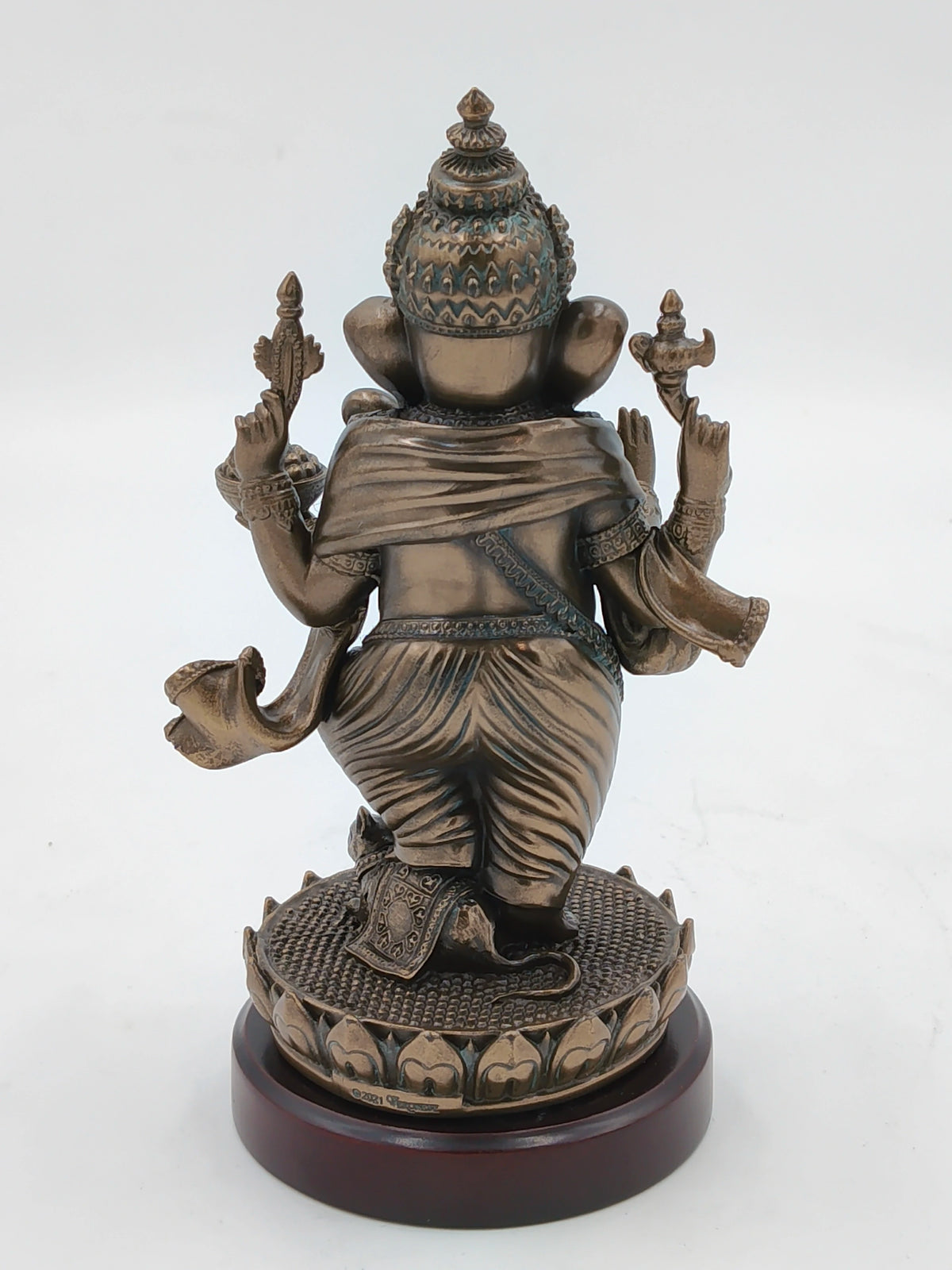 Back view of medium polyresin standing Ganesh statue on round base