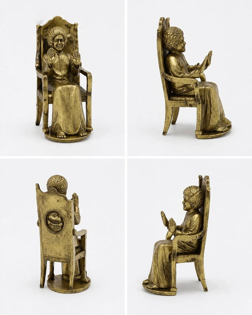 Small brass statue of Sai Baba seated on a high-backed chair, front and side views