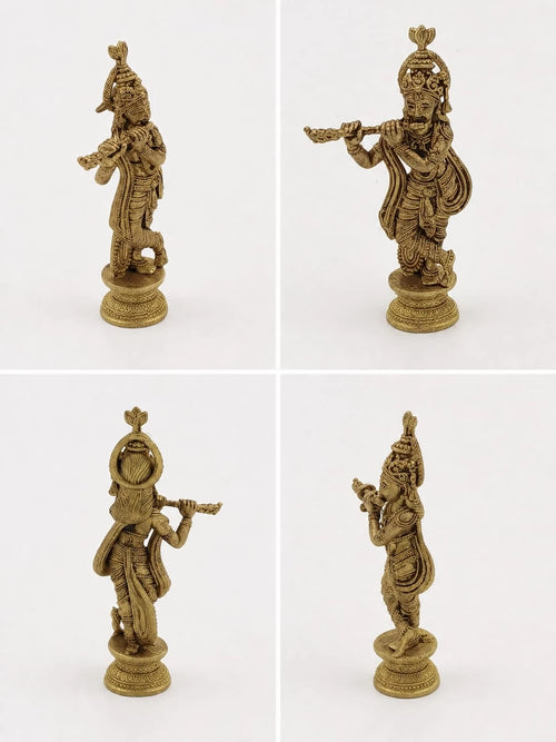 Miniature brass sculpture of Krishna playing flute, four different angles