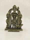 Small brass sculpture of deity Murgan with ornate arch and peacock