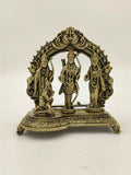 Small brass Ram Parivar sculpture with Rama, Sita, Lakshman, and Hanuman on ornate base