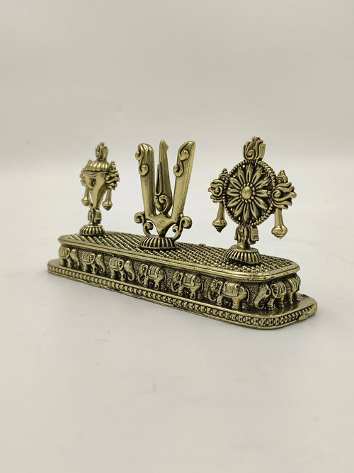 Mini brass Shankh Chakra Namah sculpture with elephant motifs base