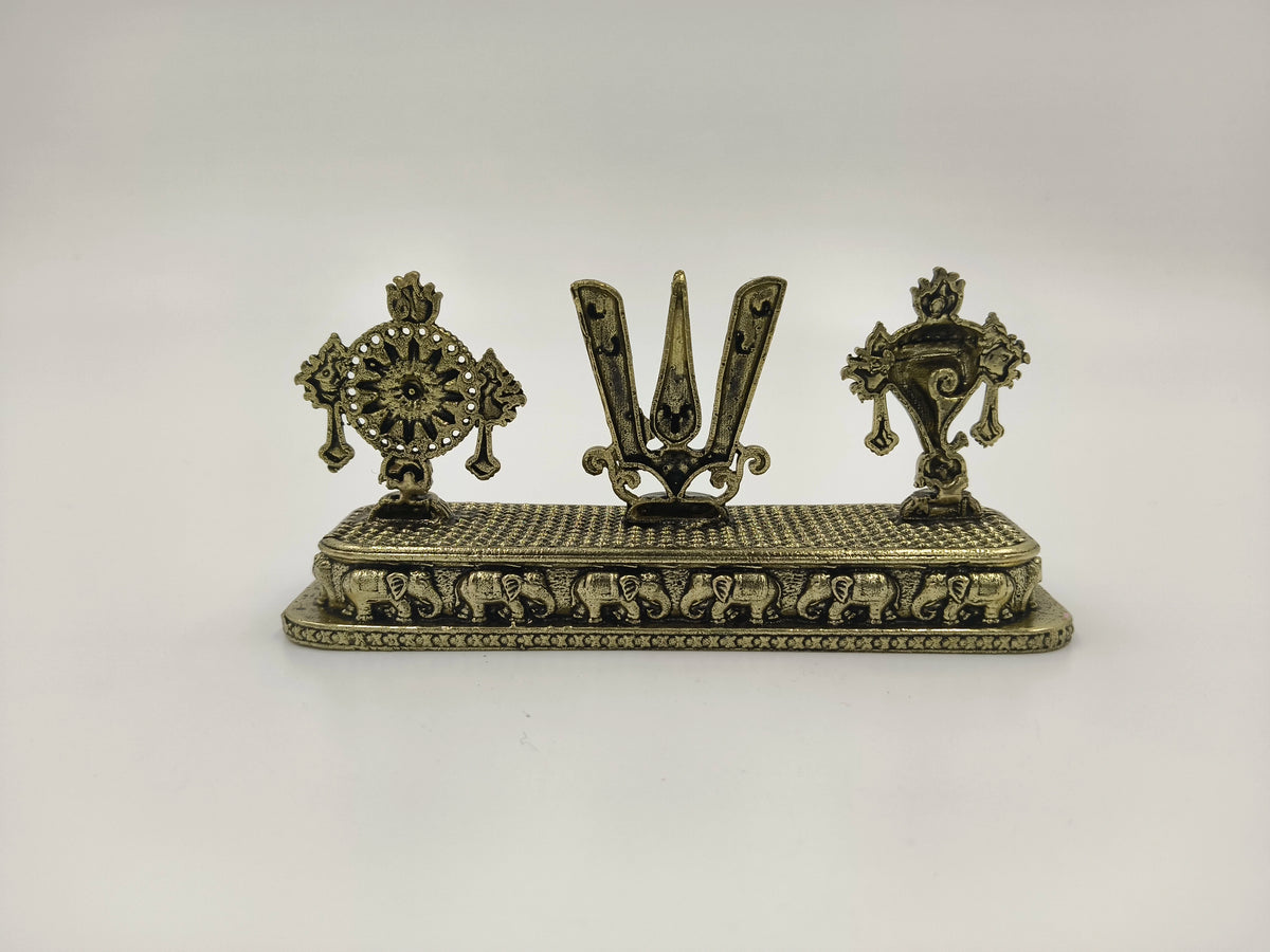 Mini brass Shankh Chakra Namah sculpture with elephant design base
