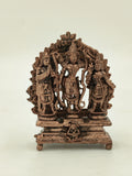 Small brass sculpture of Copper Ram Parivar with three standing figures on a decorative pedestal