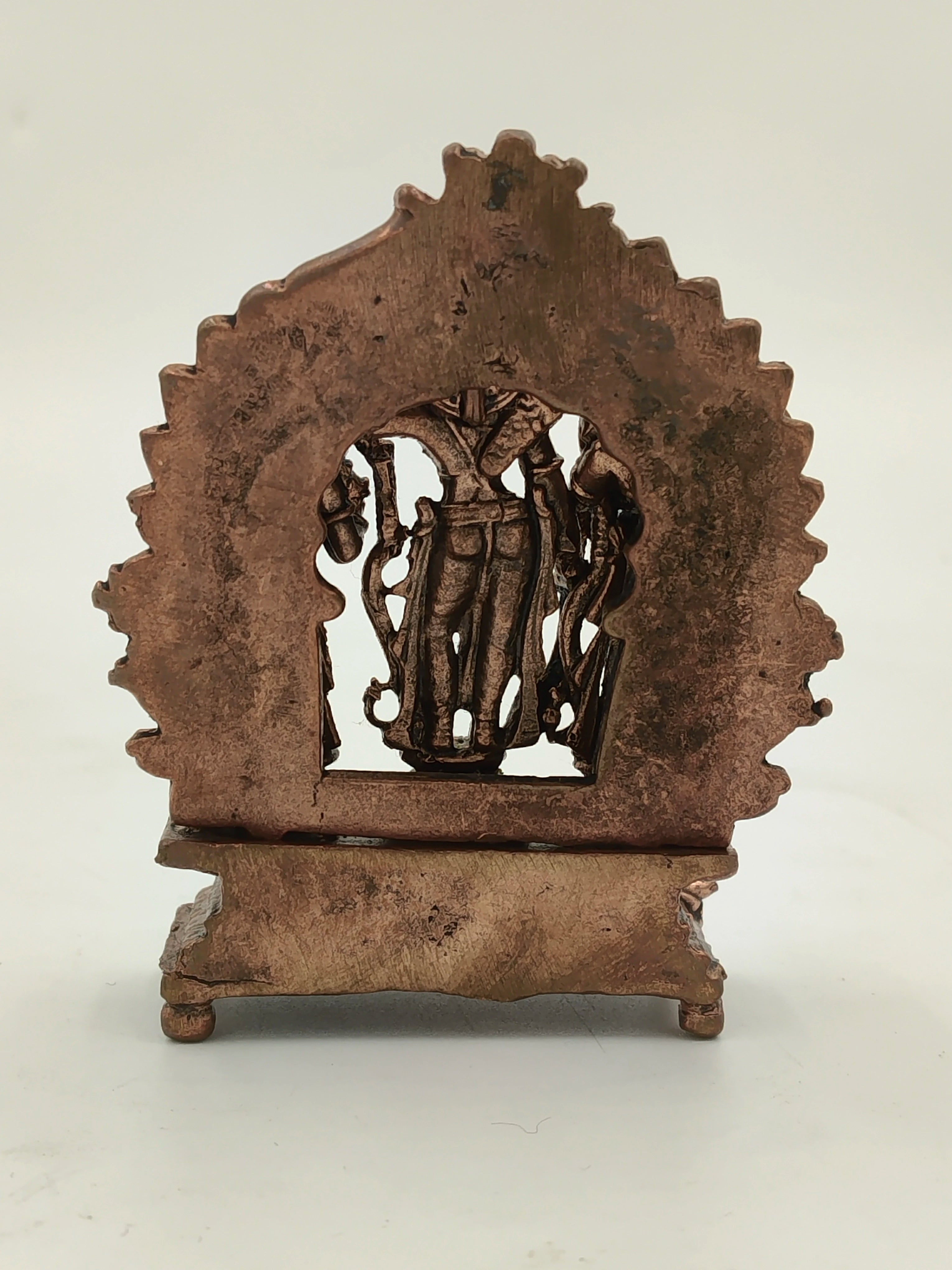 Back view of small copper Ram Parivar brass sculpture with intricate detailing