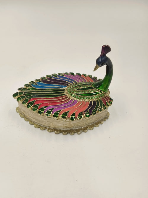 Mini brass enamel box shaped like a colorful peacock with spread feathers