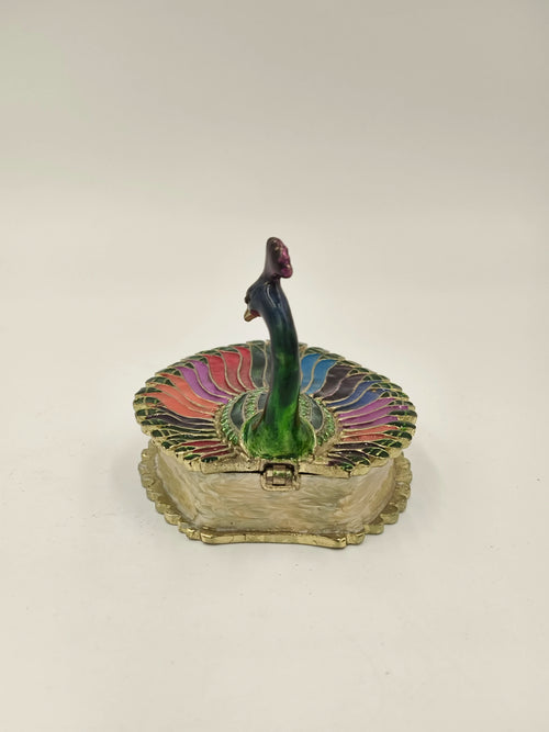 Brass enamel peacock box with colorful feathers and hinged lid, front view