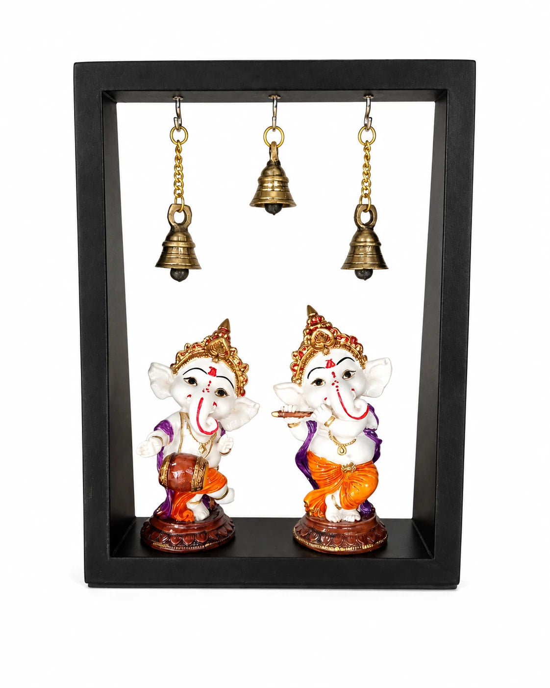 Black frame with two musical brass Ganesha idols and three hanging brass bells
