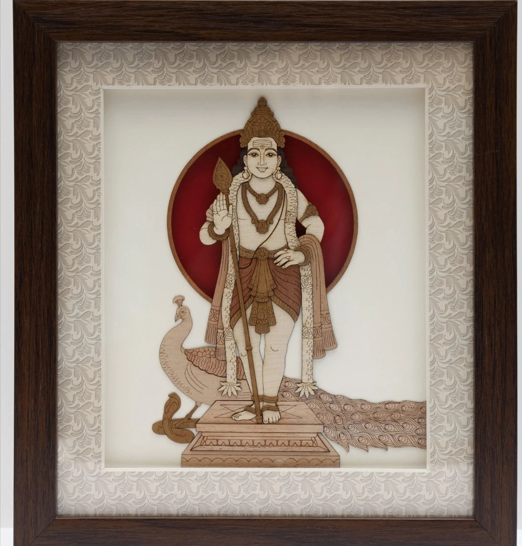 Large wooden framed wall art of deity Murgan with peacock, detailed carving