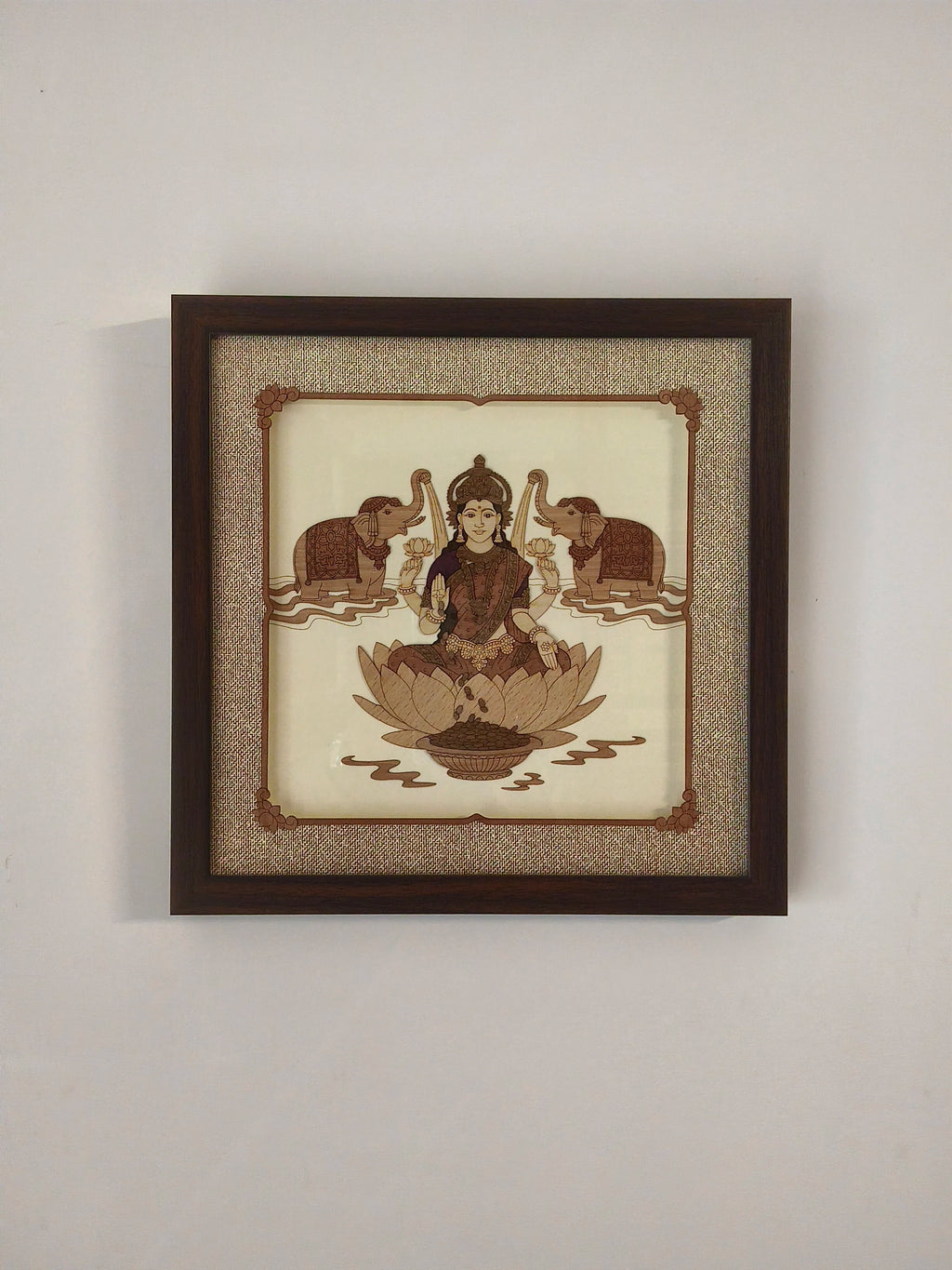 Framed wooden art picture of goddess Lakshmi with two elephants