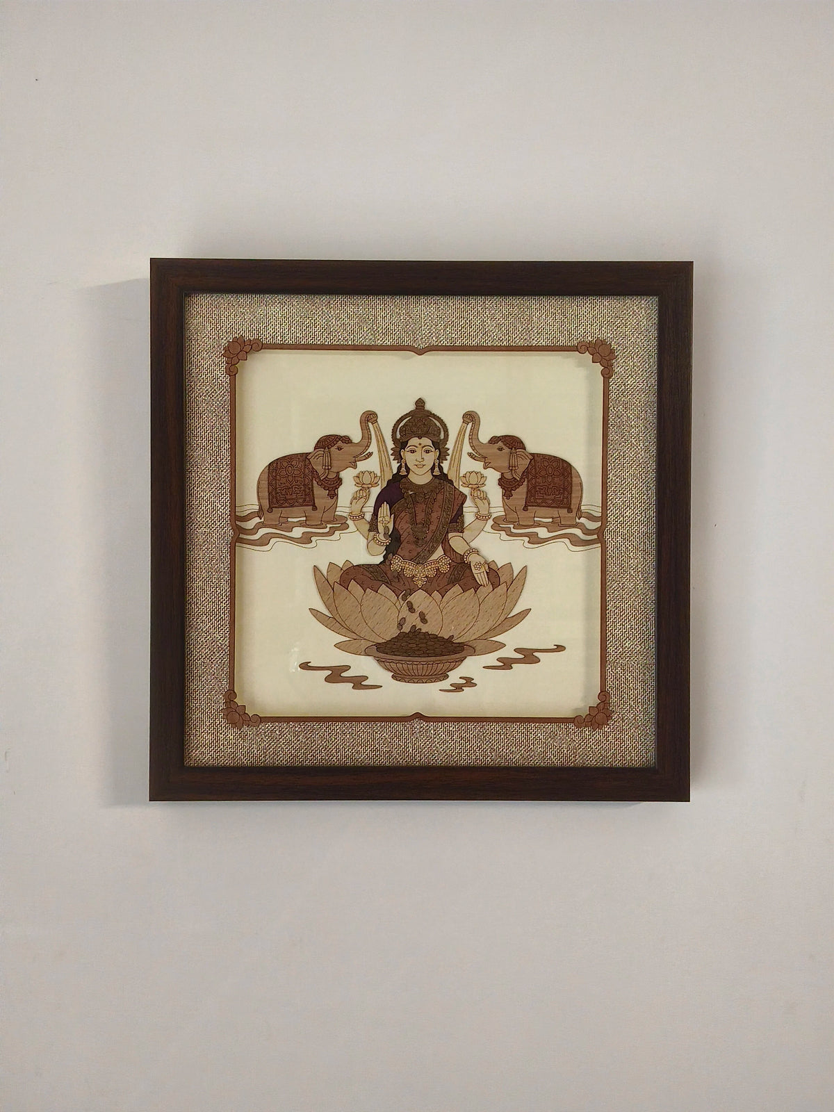 Framed wooden art picture of goddess Lakshmi with two elephants