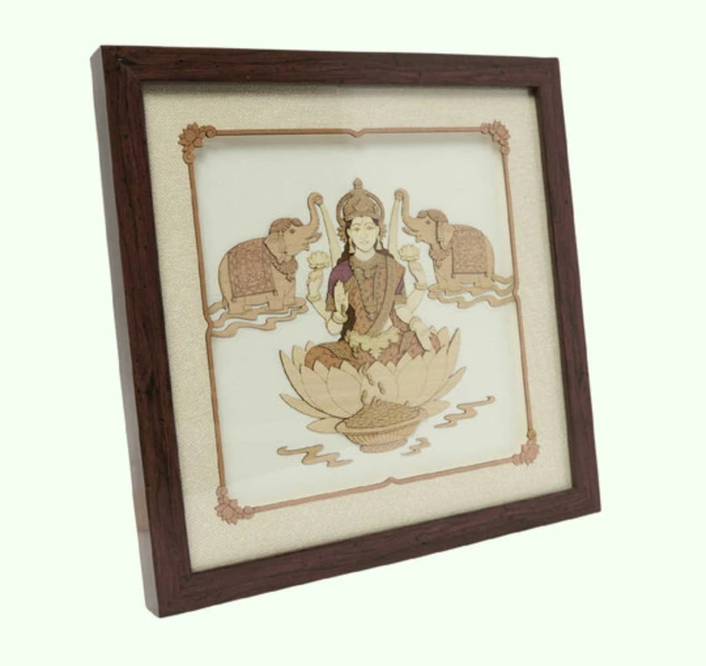Framed wooden art picture of Lakshmi goddess seated on lotus with two elephants