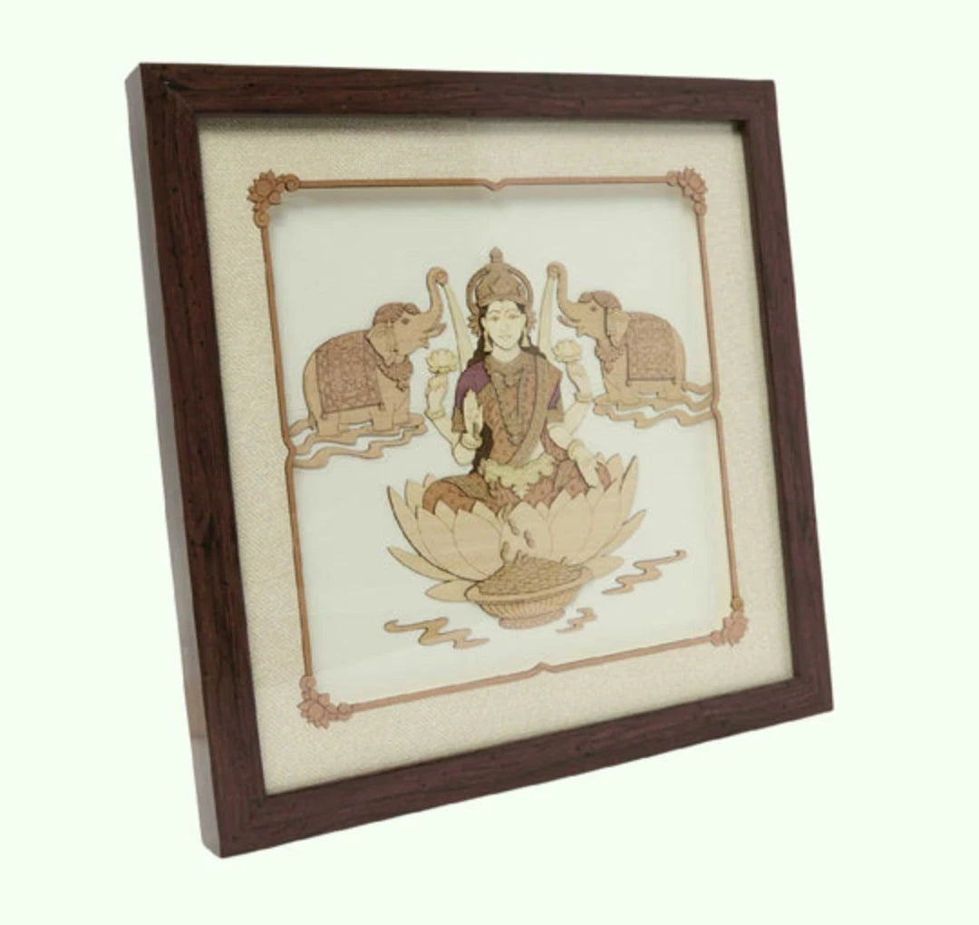 Framed wooden art picture of Lakshmi goddess seated on lotus with two elephants
