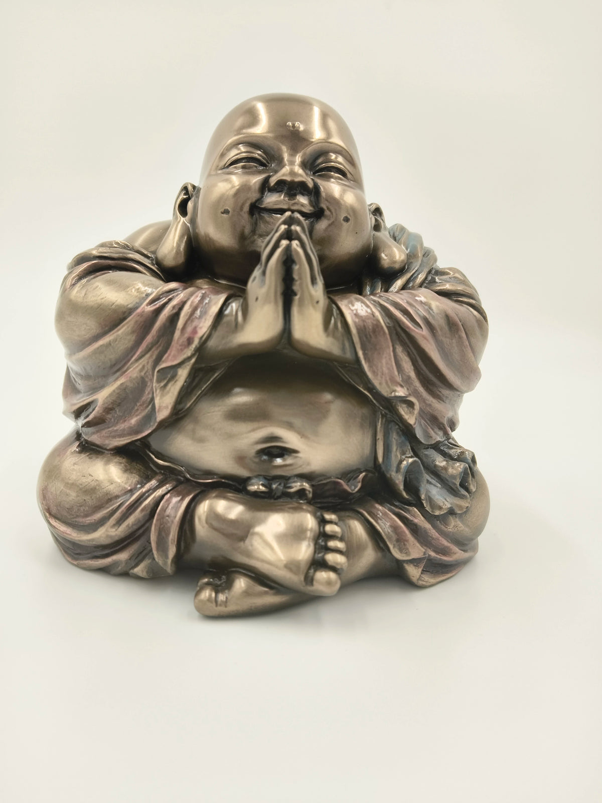 Medium polyresin Laughing Buddha statue with hands in prayer pose