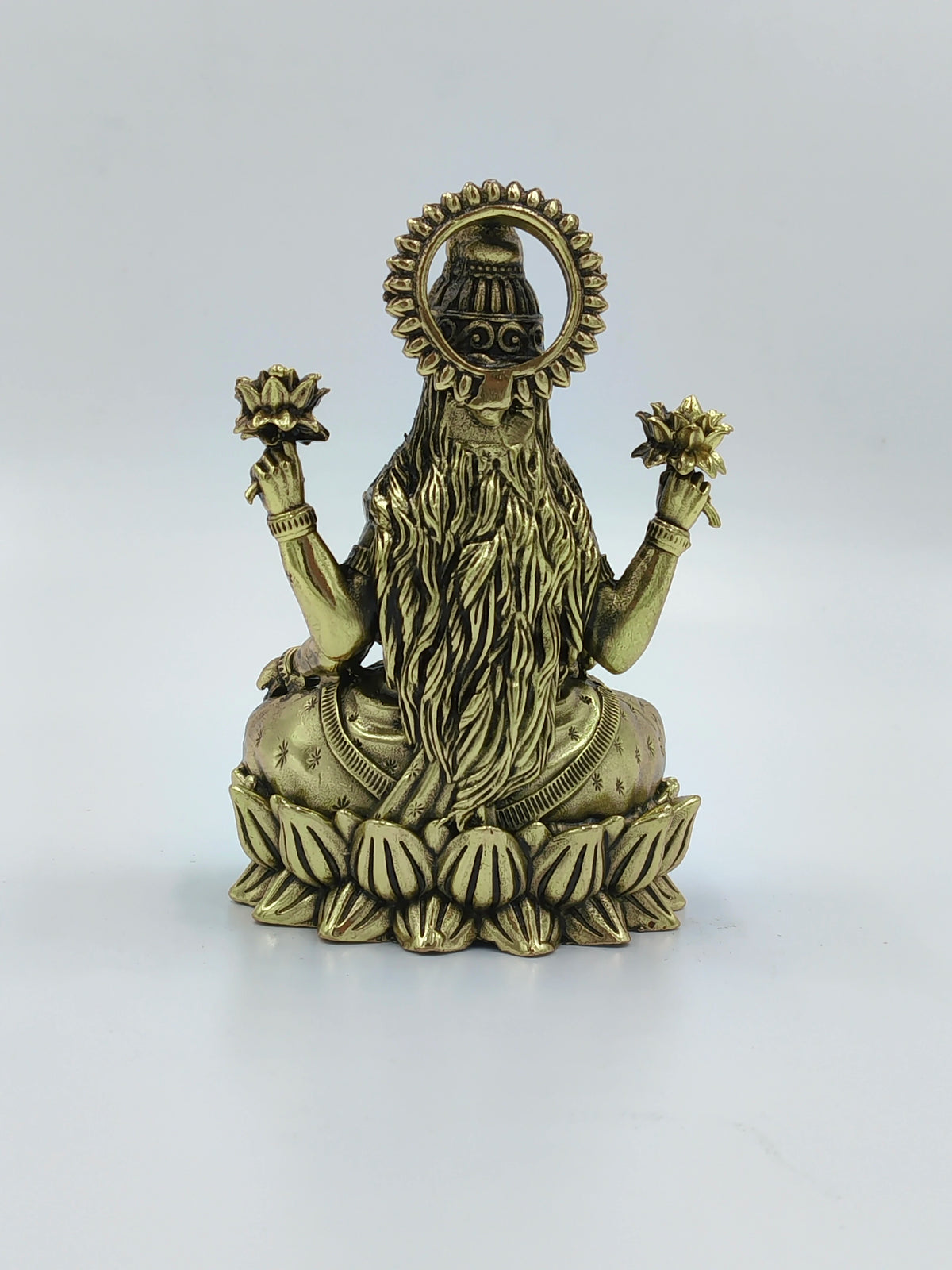 Back view of small brass Lakshmi idol seated on a lotus base holding lotus flowers