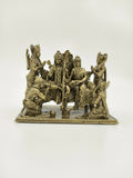 Small brass sculpture of Ram Parivar including Lord Rama, Sita, Lakshman, Hanuman, and others