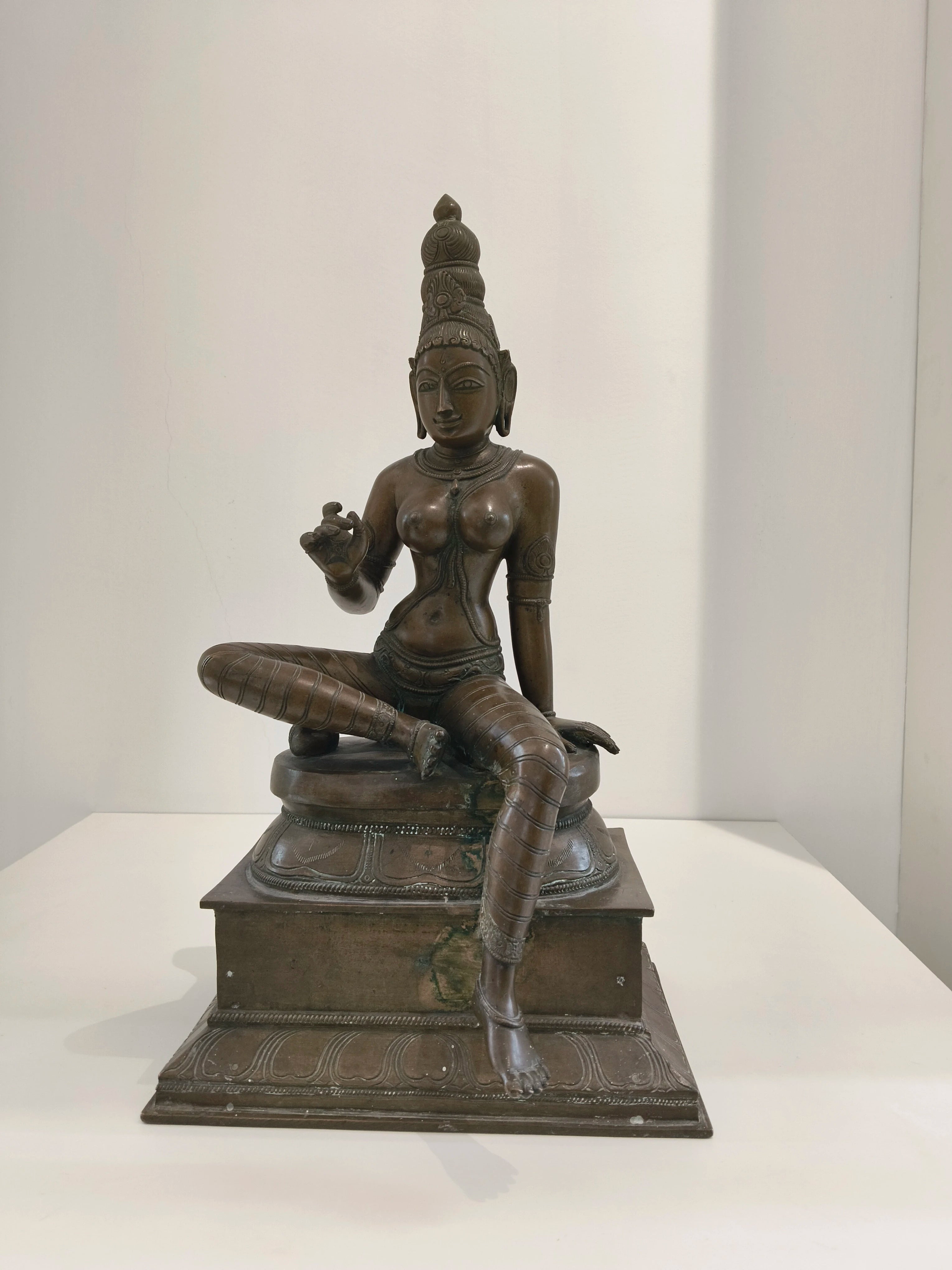 Large bronze statue of Goddess Parvathi seated with detailed adornments