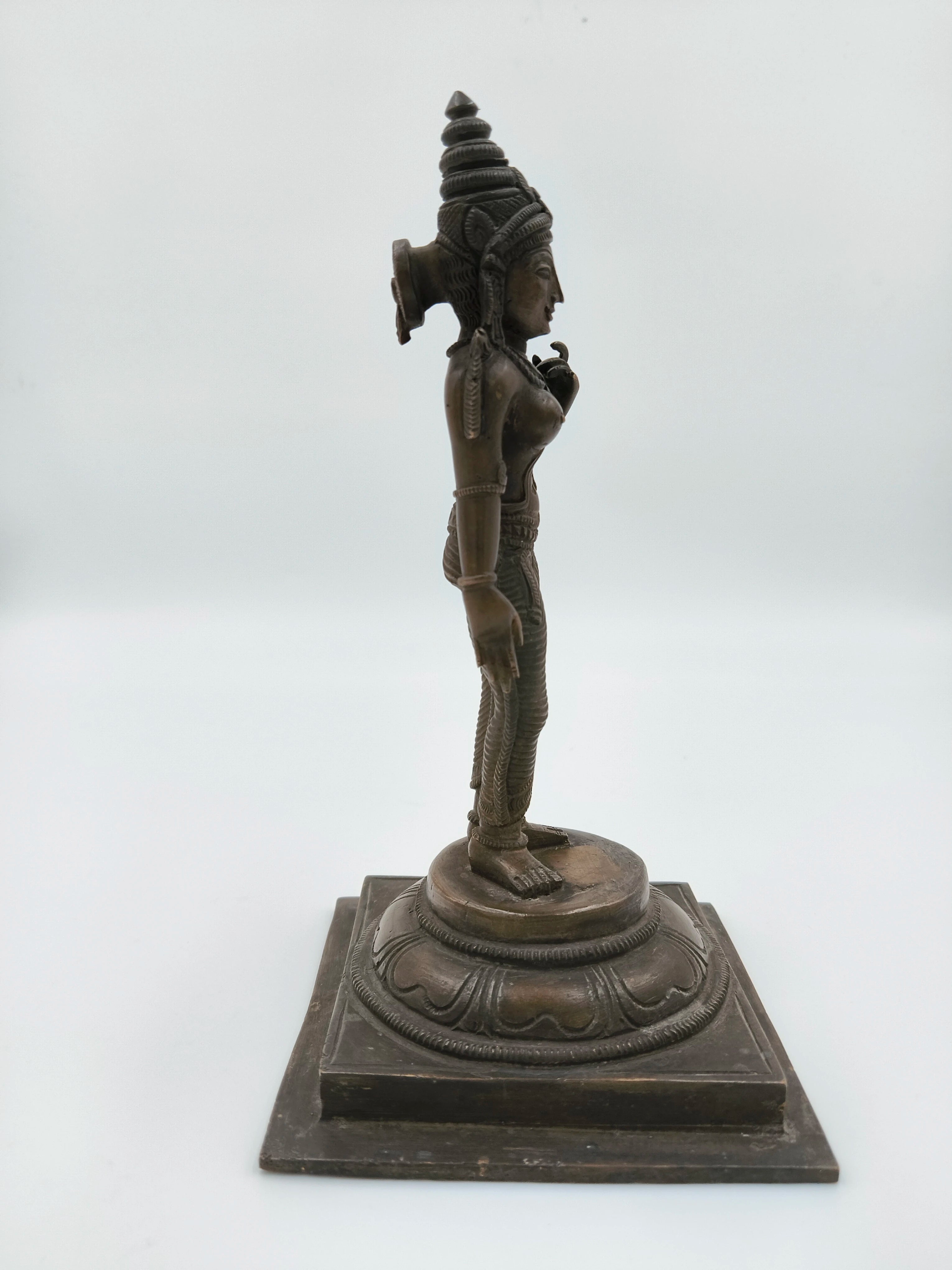 Side view of bronze Parvathi sculpture standing on a decorative base