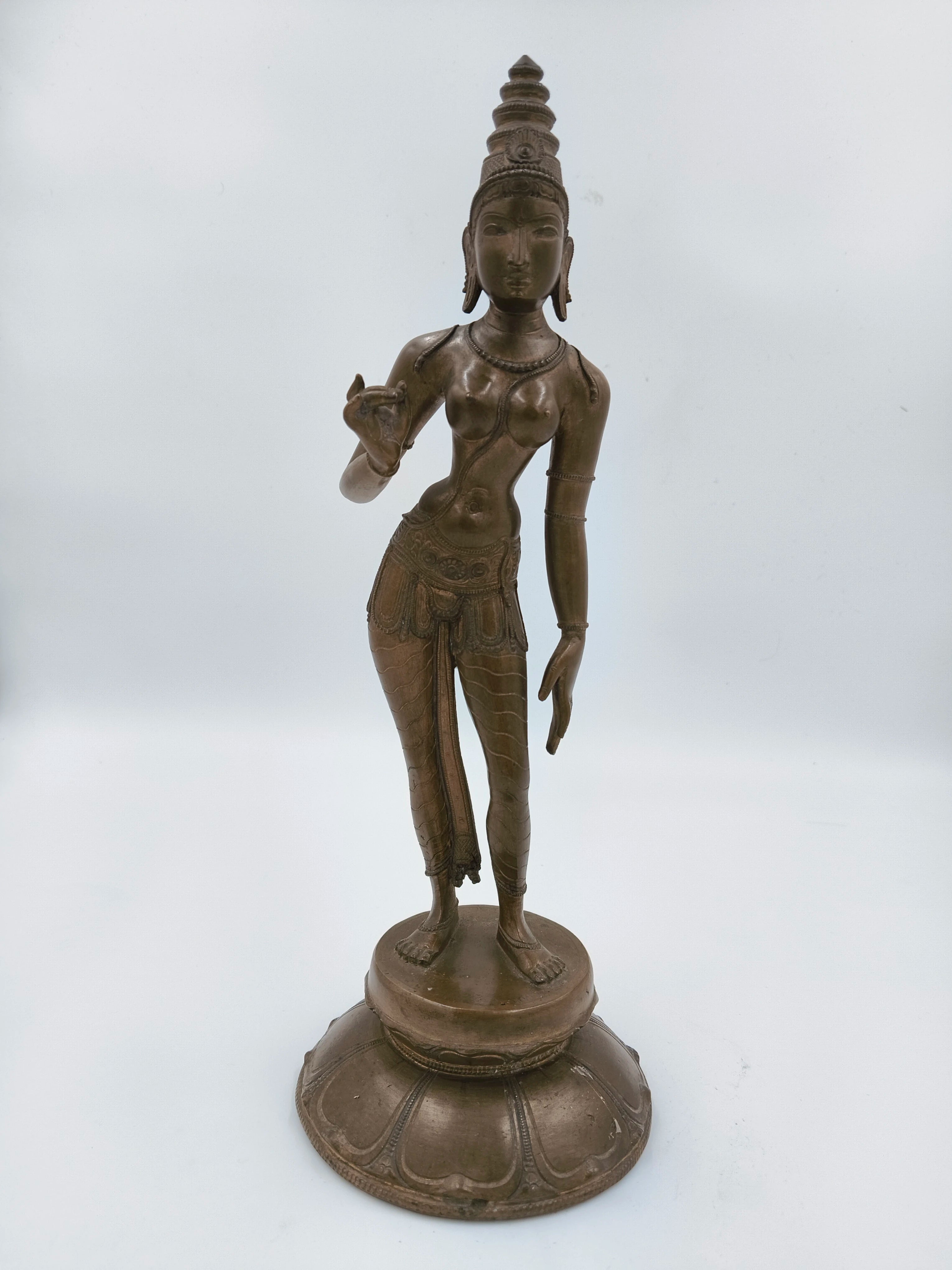 Bronze standing Parvathi sculpture with intricate detailing on a decorative base