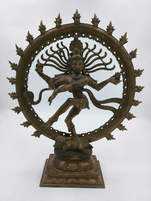 Large bronze Nataraja statue depicting Shiva in cosmic dance on rectangular base