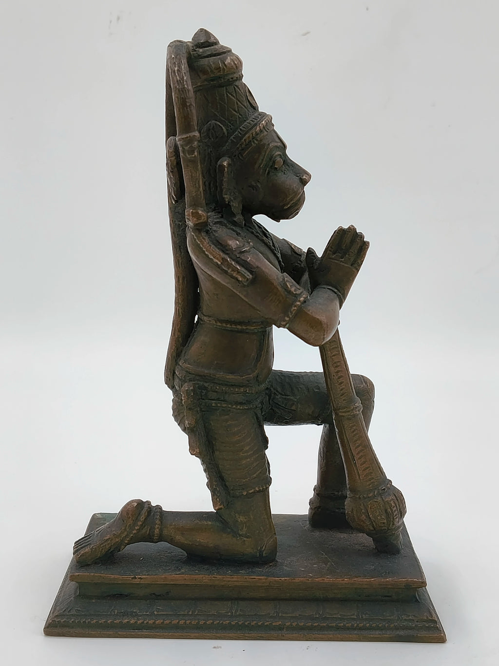 Bronze 7-inch Hanuman sculpture kneeling with folded hands on a rectangular base