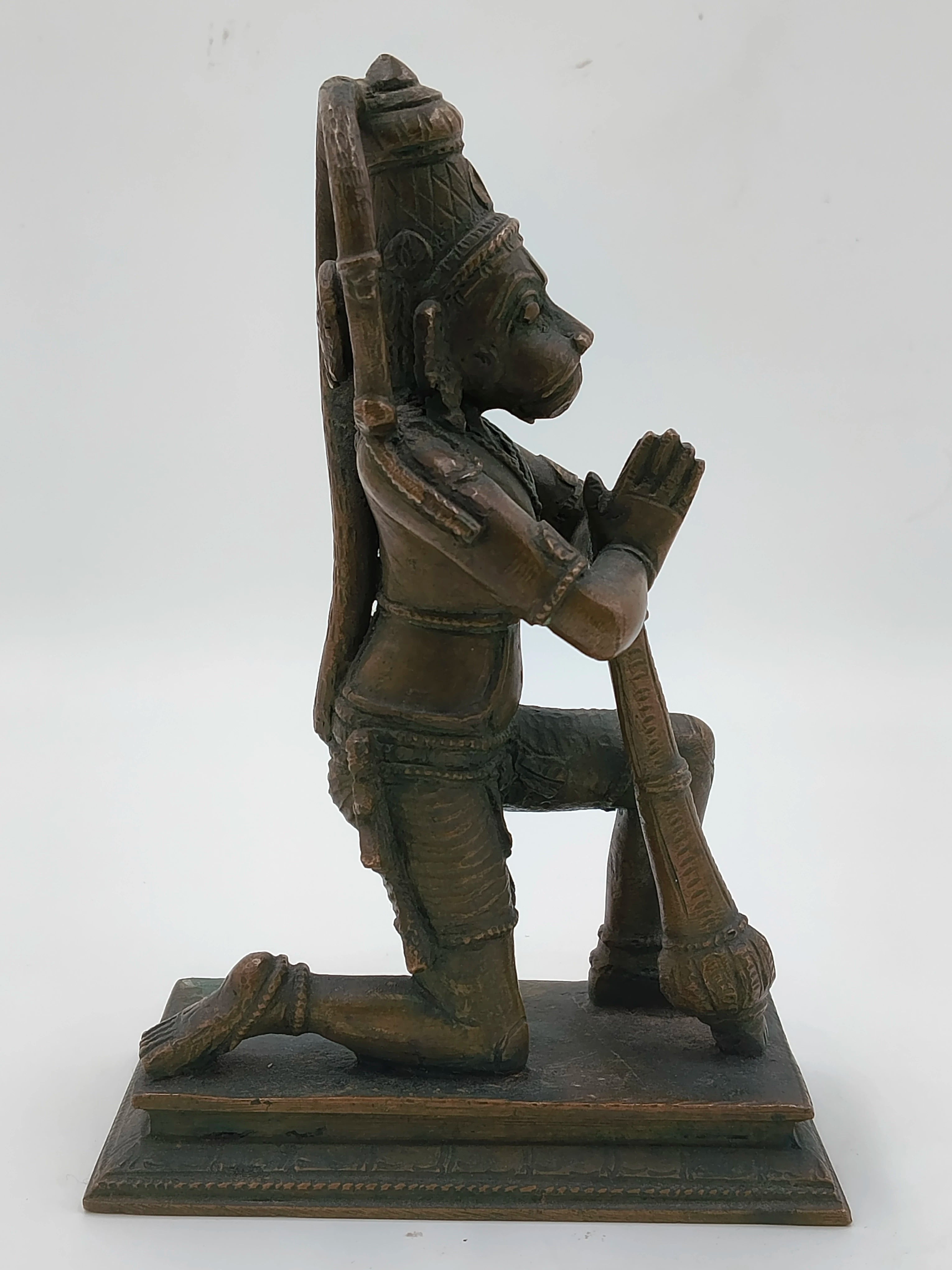Bronze 7-inch Hanuman sculpture kneeling with folded hands on a rectangular base