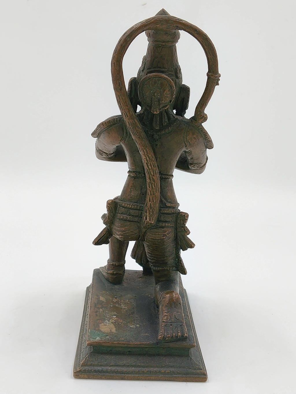 Rear view of 7-inch bronze Hanuman statue on rectangular base