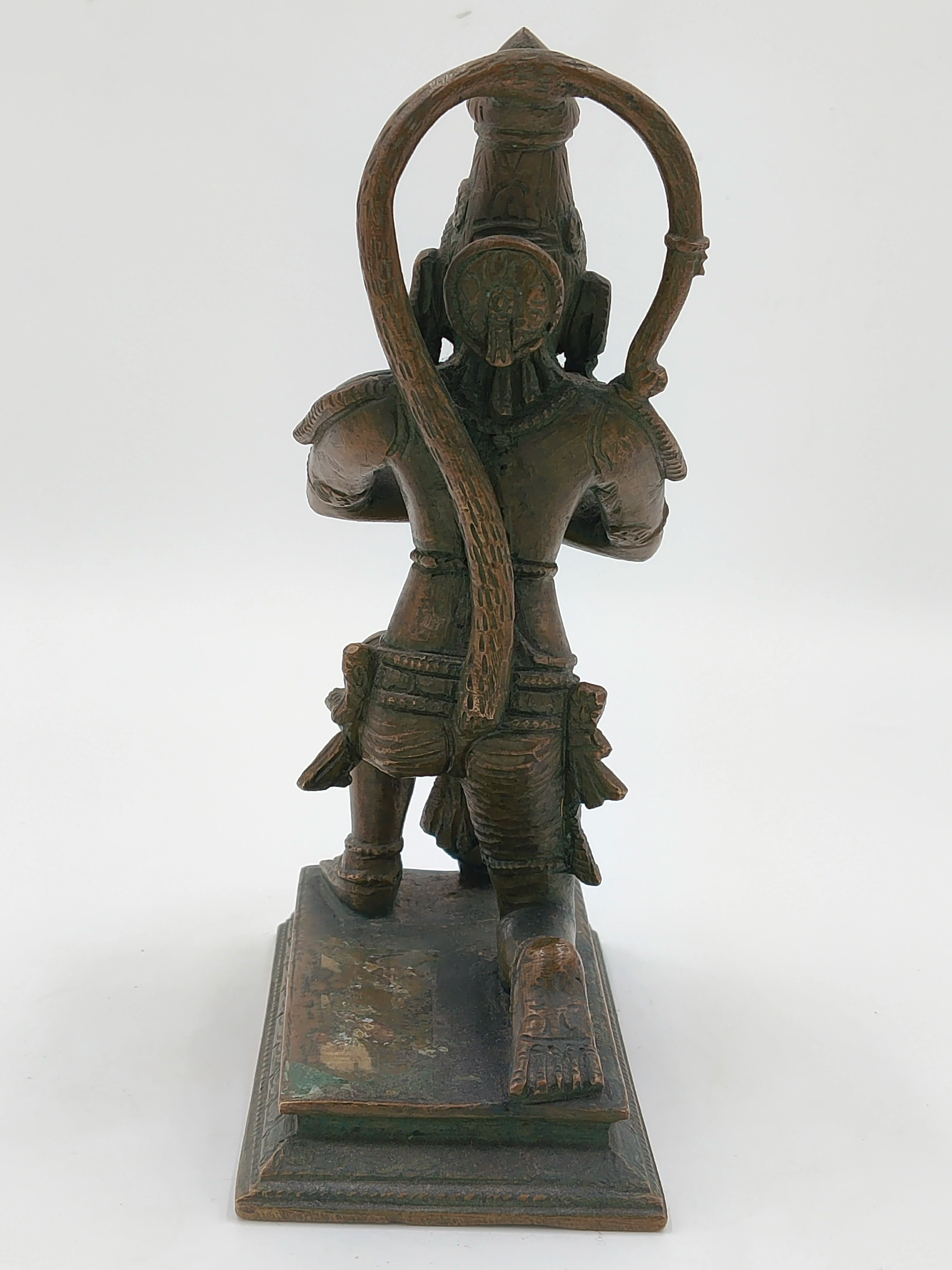 Rear view of 7-inch bronze Hanuman statue on rectangular base