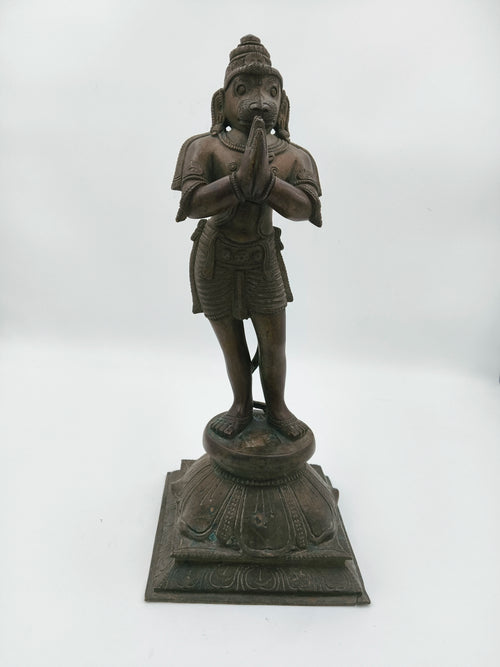 Bronze Hanuman sculpture standing with namaskaram pose on decorative base