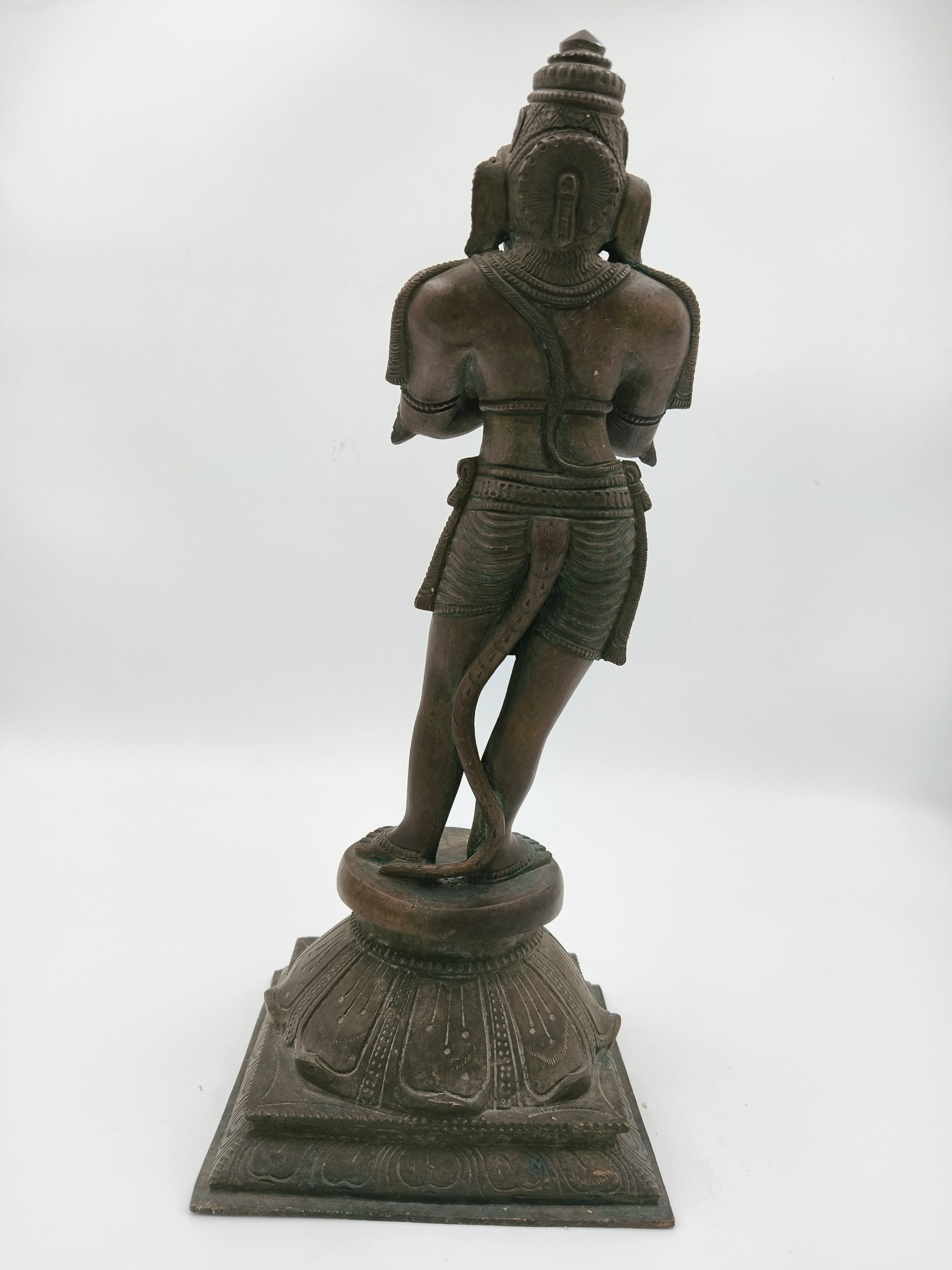 Back view of 12.2-inch bronze Hanuman sculpture with Namaskaram pose on decorated base