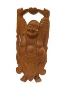 Large sandalwood sculpture of Laughing Buddha holding object above head