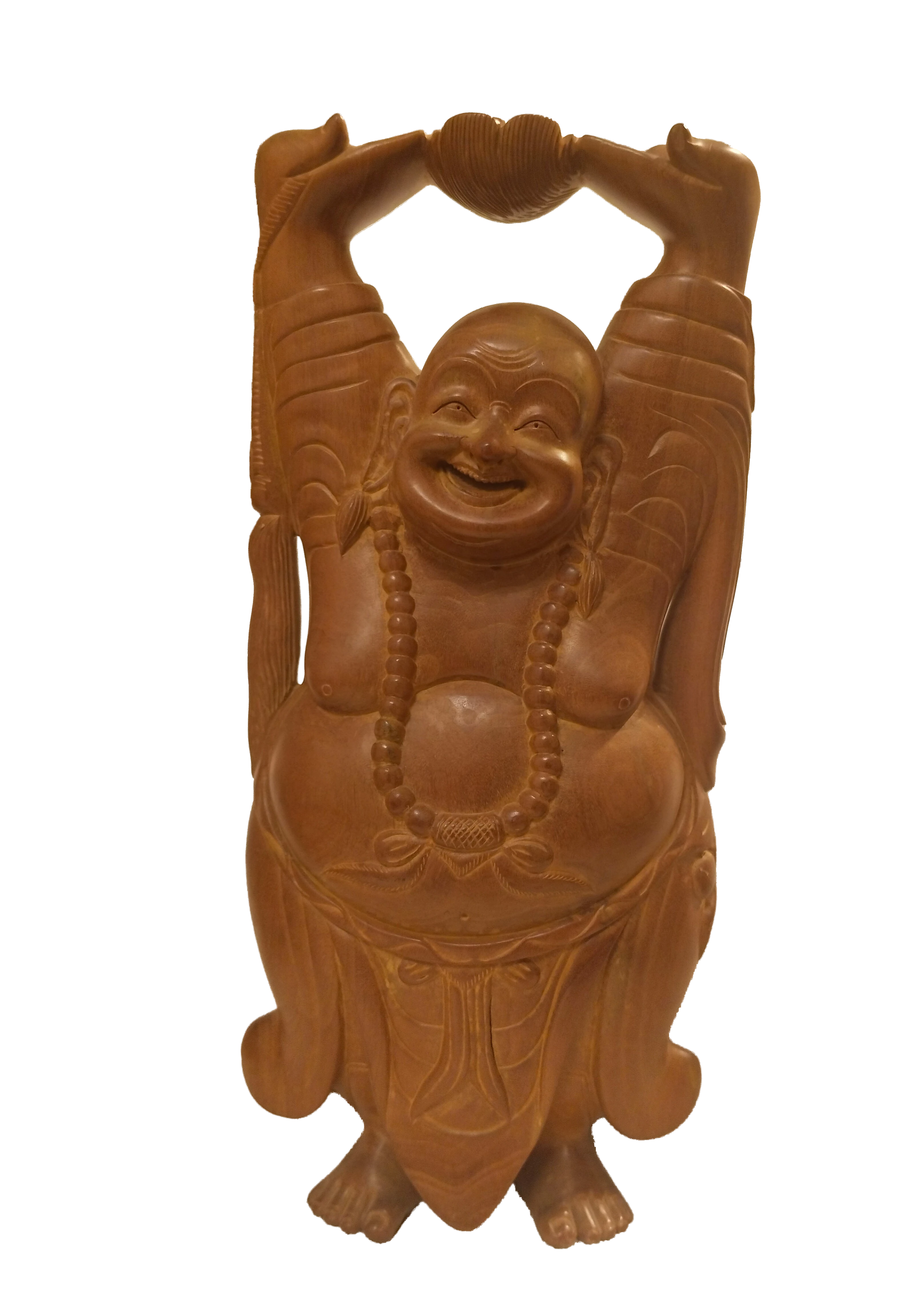 Large sandalwood sculpture of Laughing Buddha holding object above head