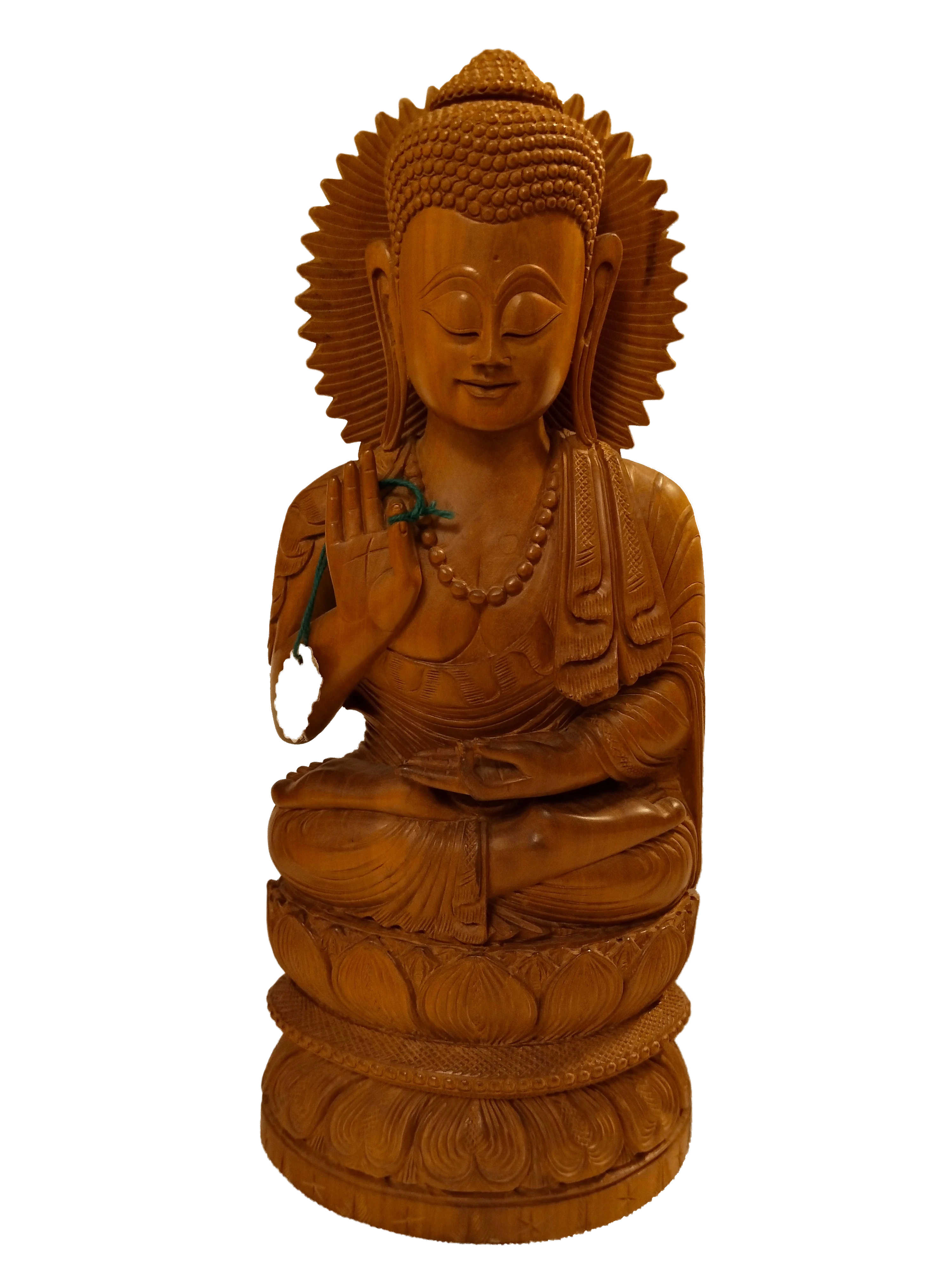 Sandalwood Buddha statue seated in lotus position with right hand raised