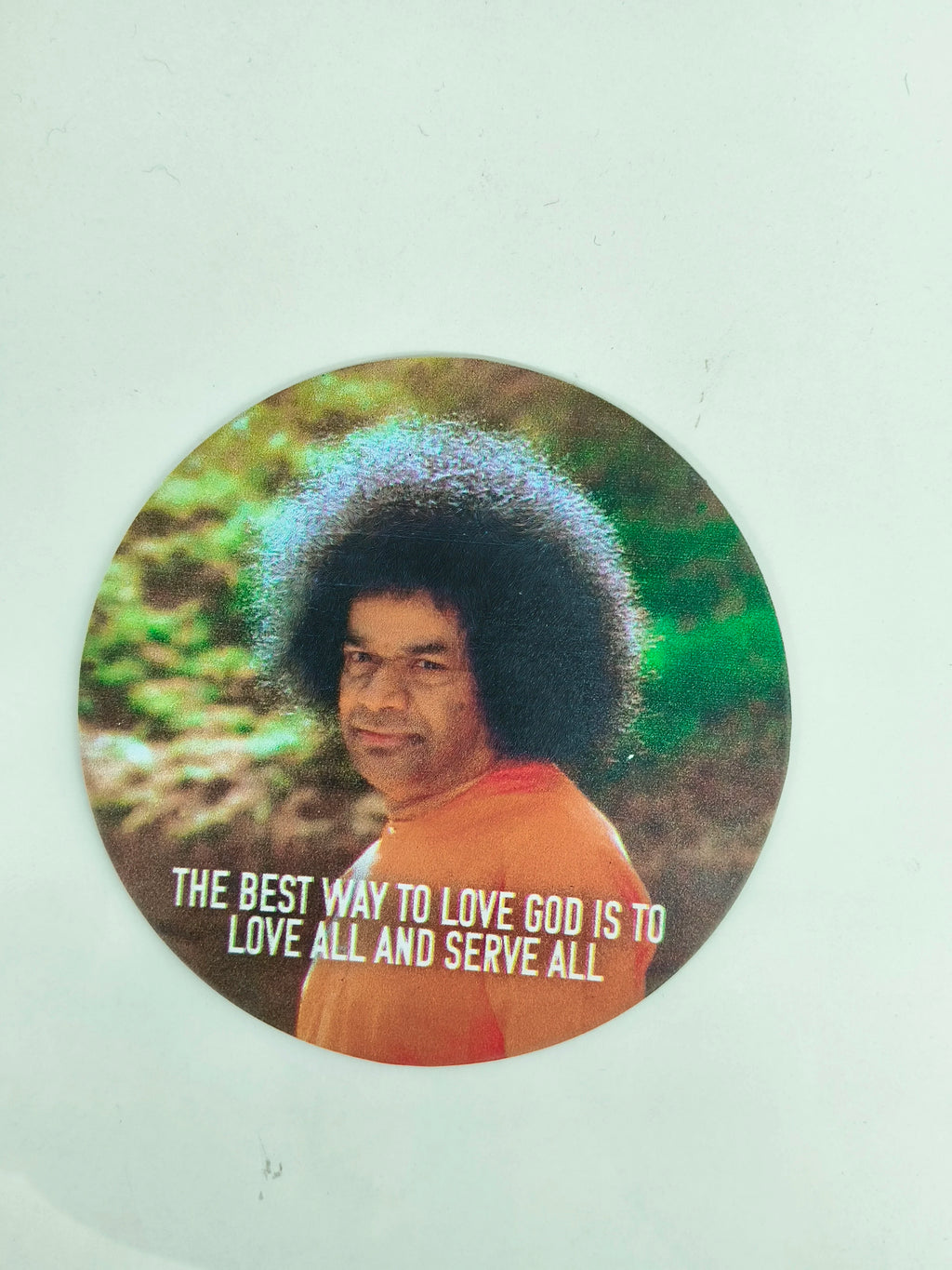 Large round motivational fridge magnet with Sai Baba portrait and quote