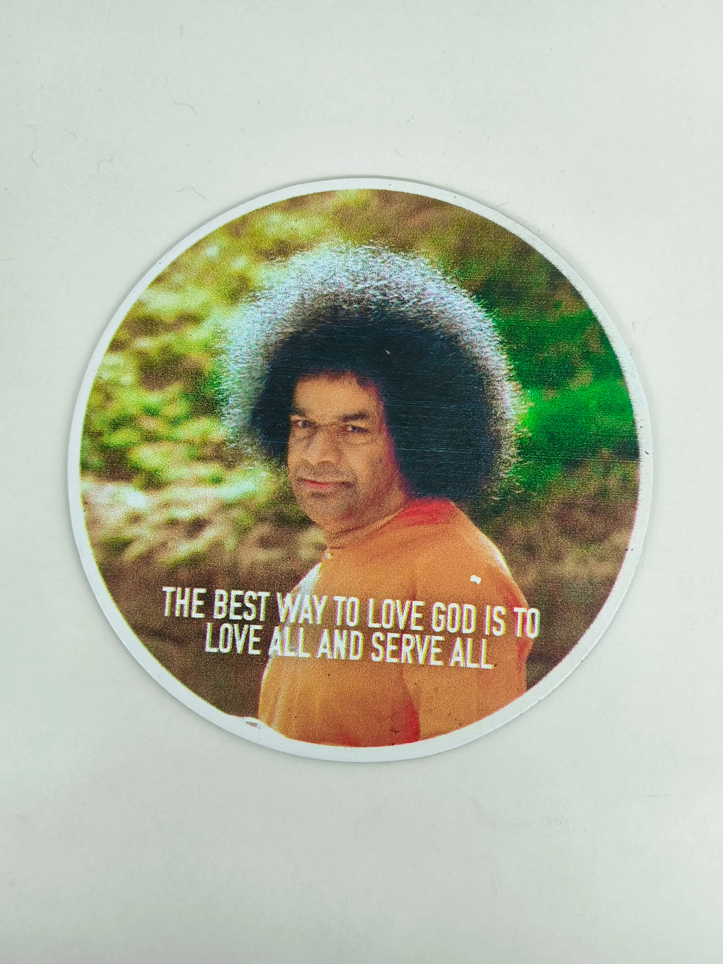 Large round motivational fridge magnet featuring Sai Baba with inspirational quote