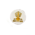 Round fridge magnet with golden Sri Sathya Sai statue and religious symbols