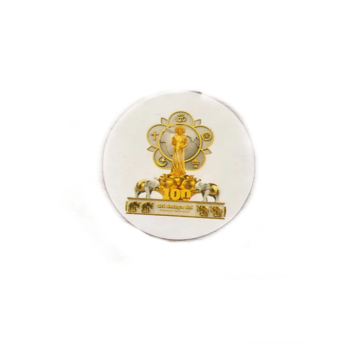 Round fridge magnet with golden Sri Sathya Sai statue and religious symbols