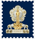Small golden and white magnet with Sri Sathya Sai figure, religious symbols, and 100 years text