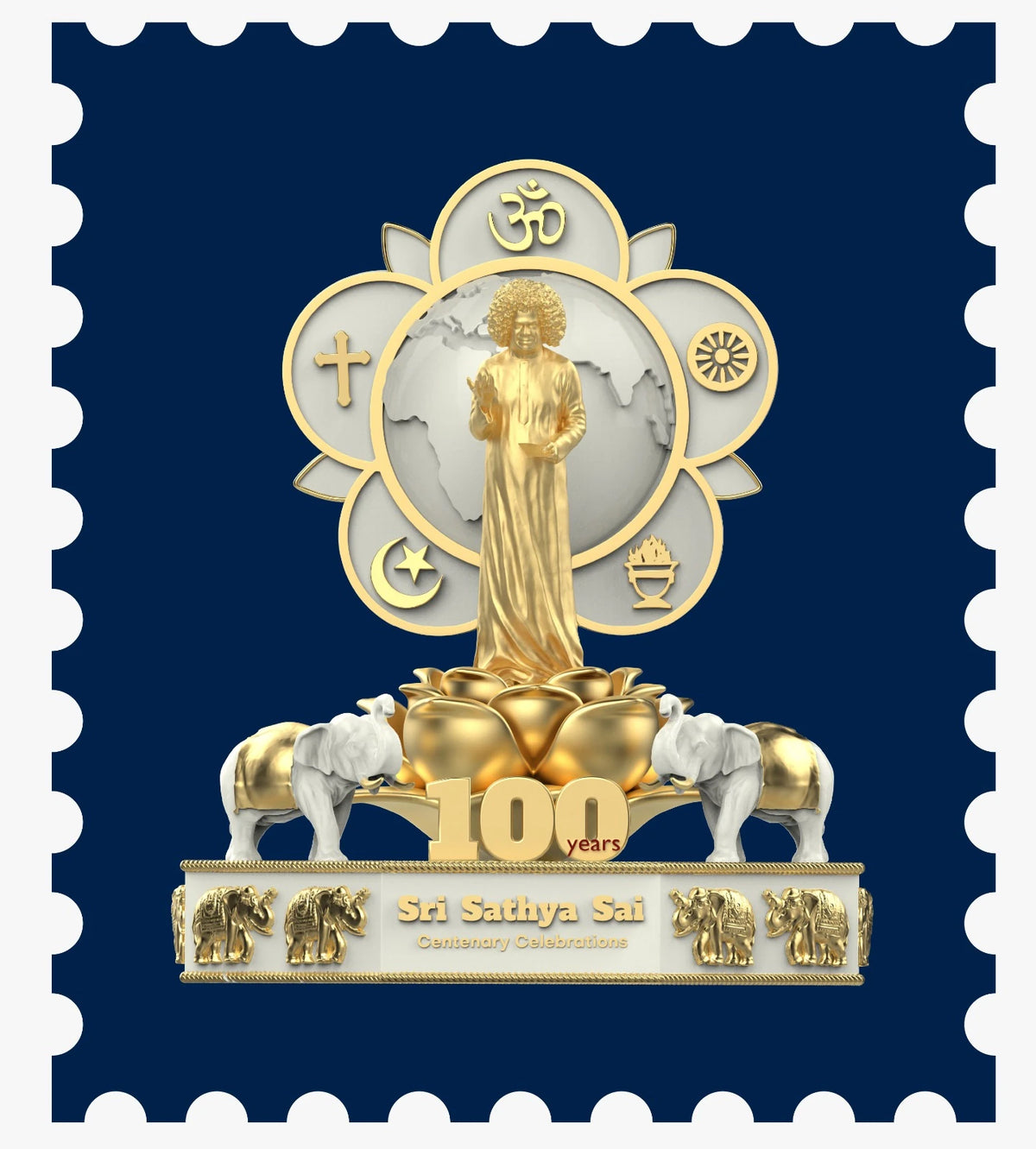 Small golden and white magnet with Sri Sathya Sai figure, religious symbols, and 100 years text