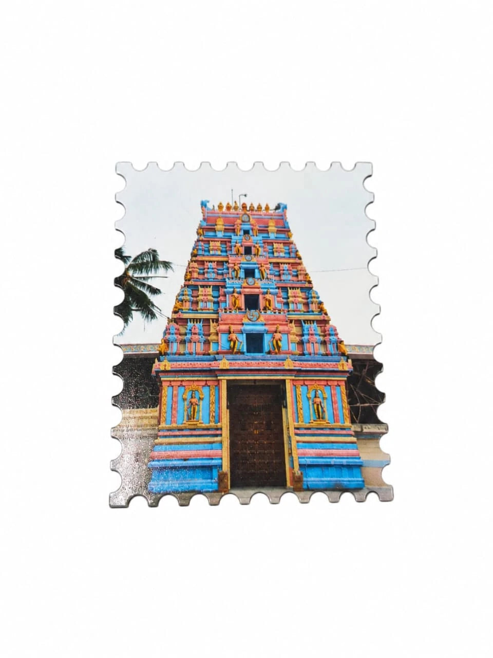 Colorful small Gopuram temple tower fridge magnet with blue and pink details