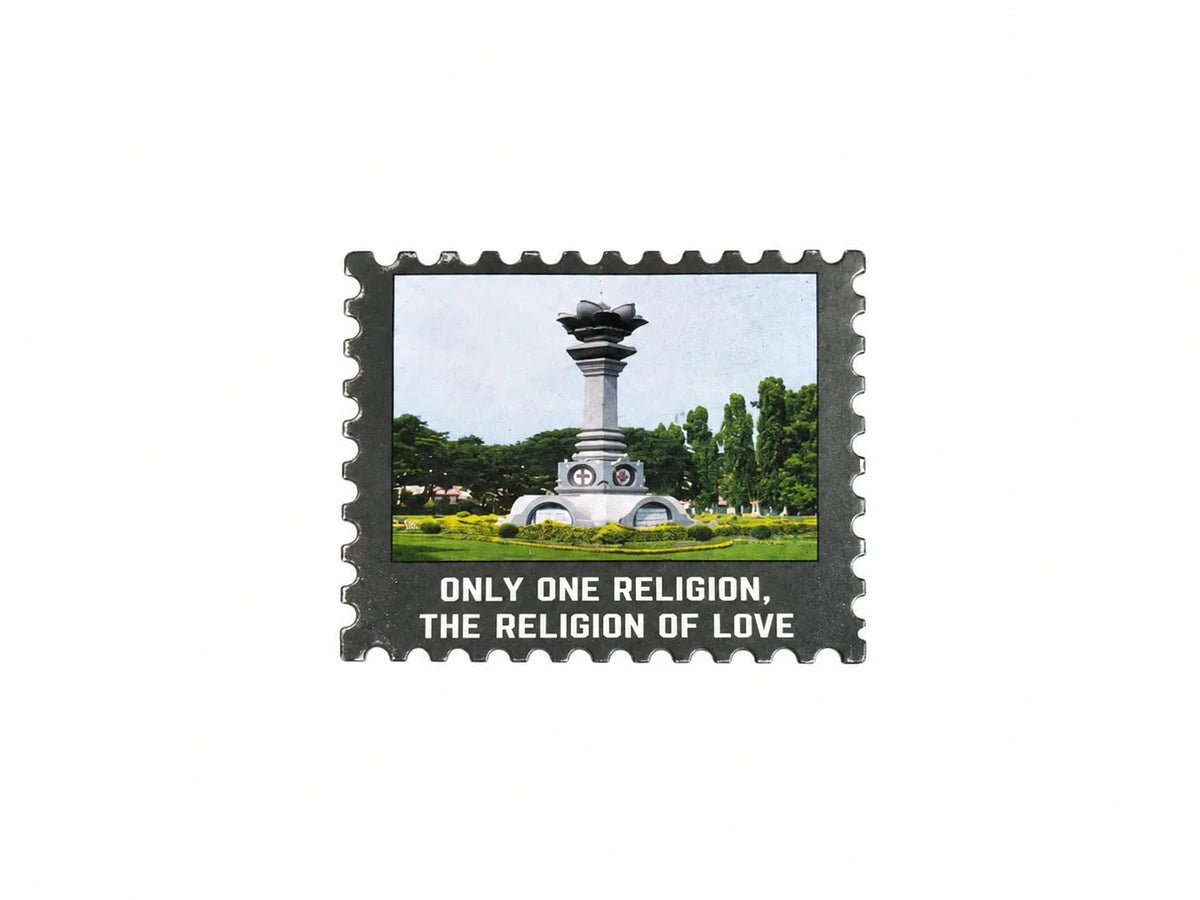Sarva Dharma Stupa fridge magnet with monument image and religion of love text