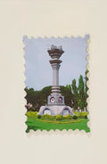 Small magnet featuring Sarva Dharma Stupa monument with green lawn background