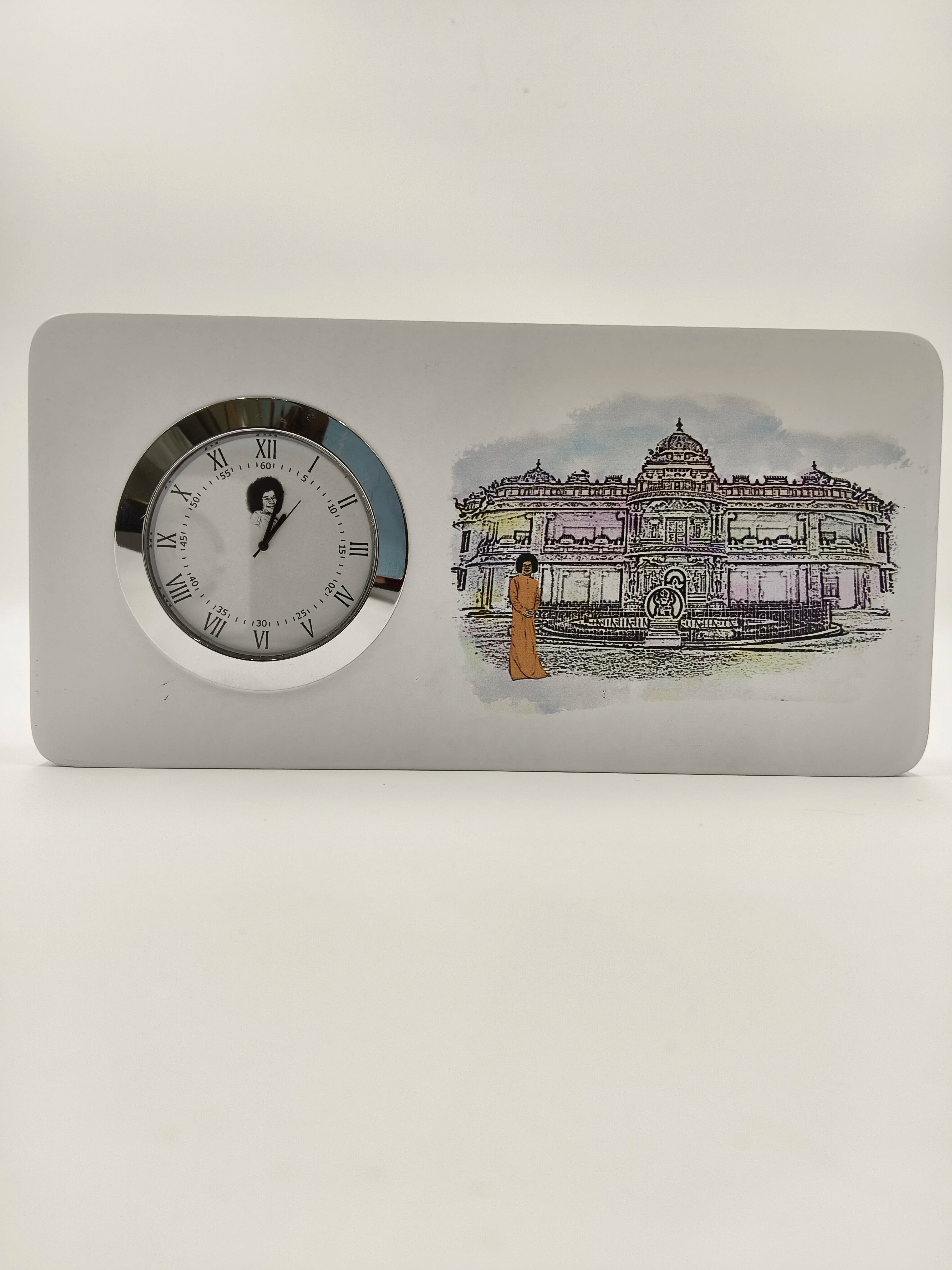 Wooden tabletop clock with Sai Baba portrait and temple illustration