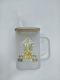 Frosted glass mug with handle, wooden lid, clear straw, Sri Sathya Sai centenary logo