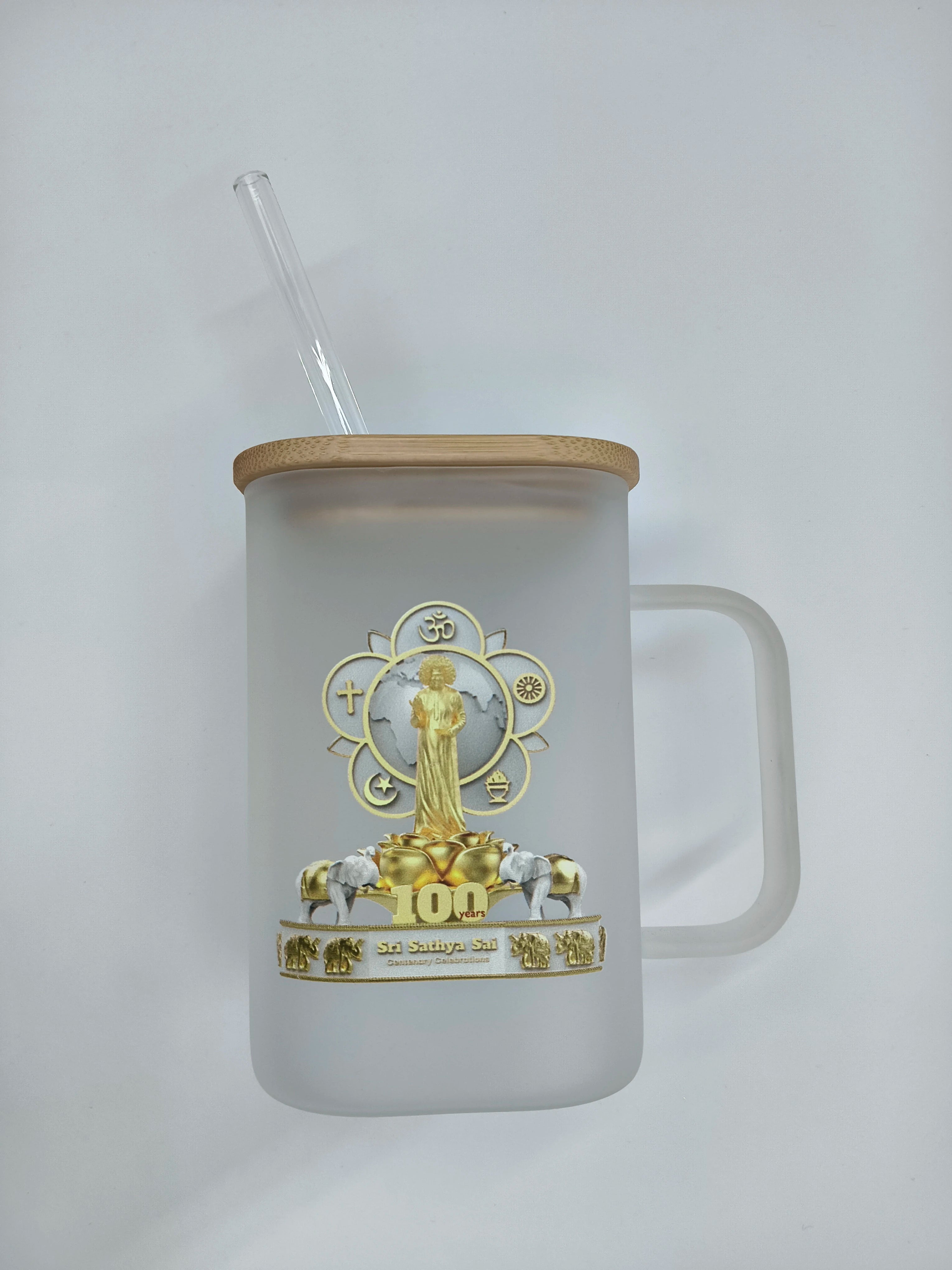Frosted glass mug with handle, wooden lid, clear straw, Sri Sathya Sai centenary logo