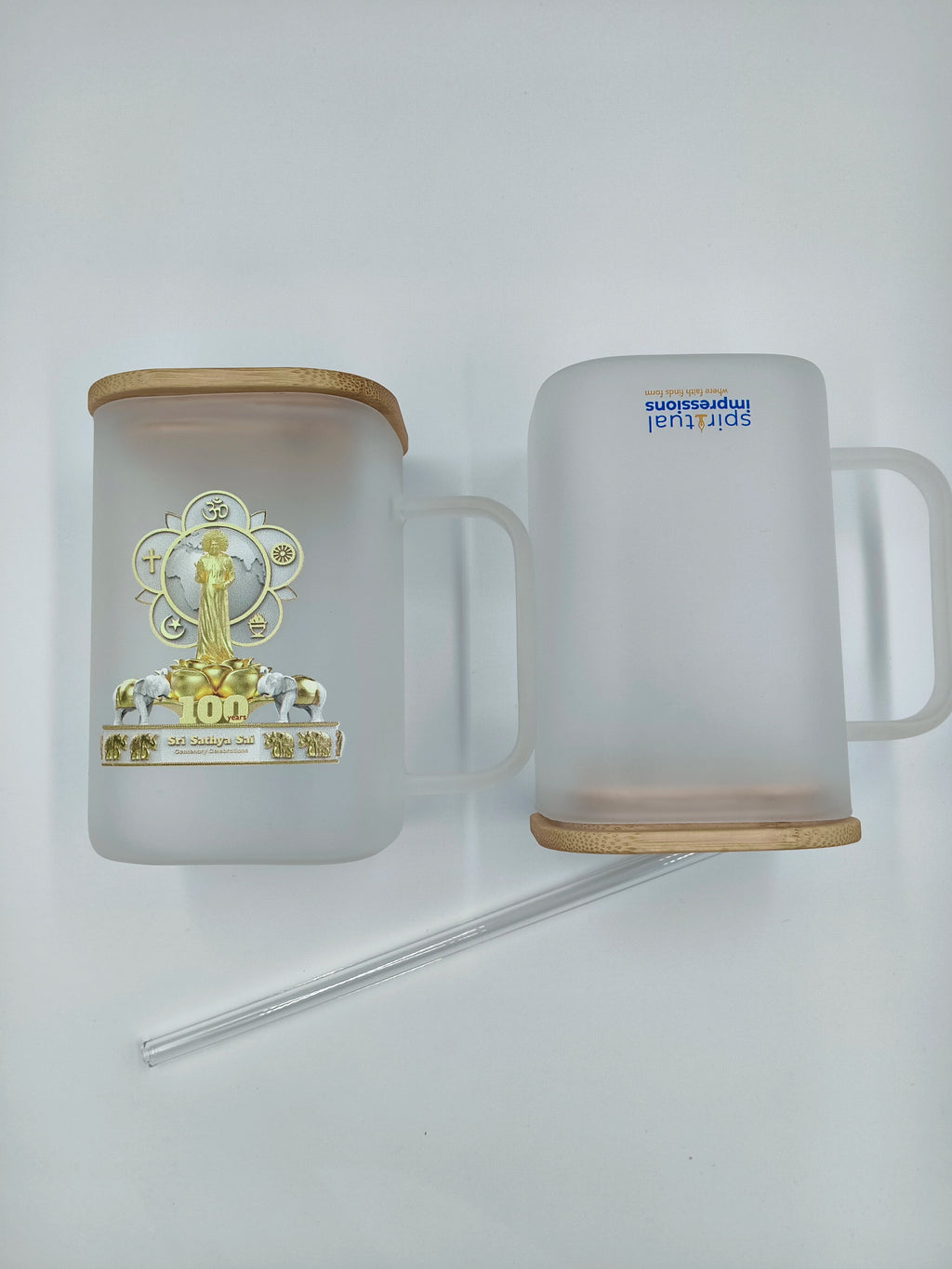 Frosted glass mug with wooden lid and straw featuring Sri Sathya Sai Centenary logo
