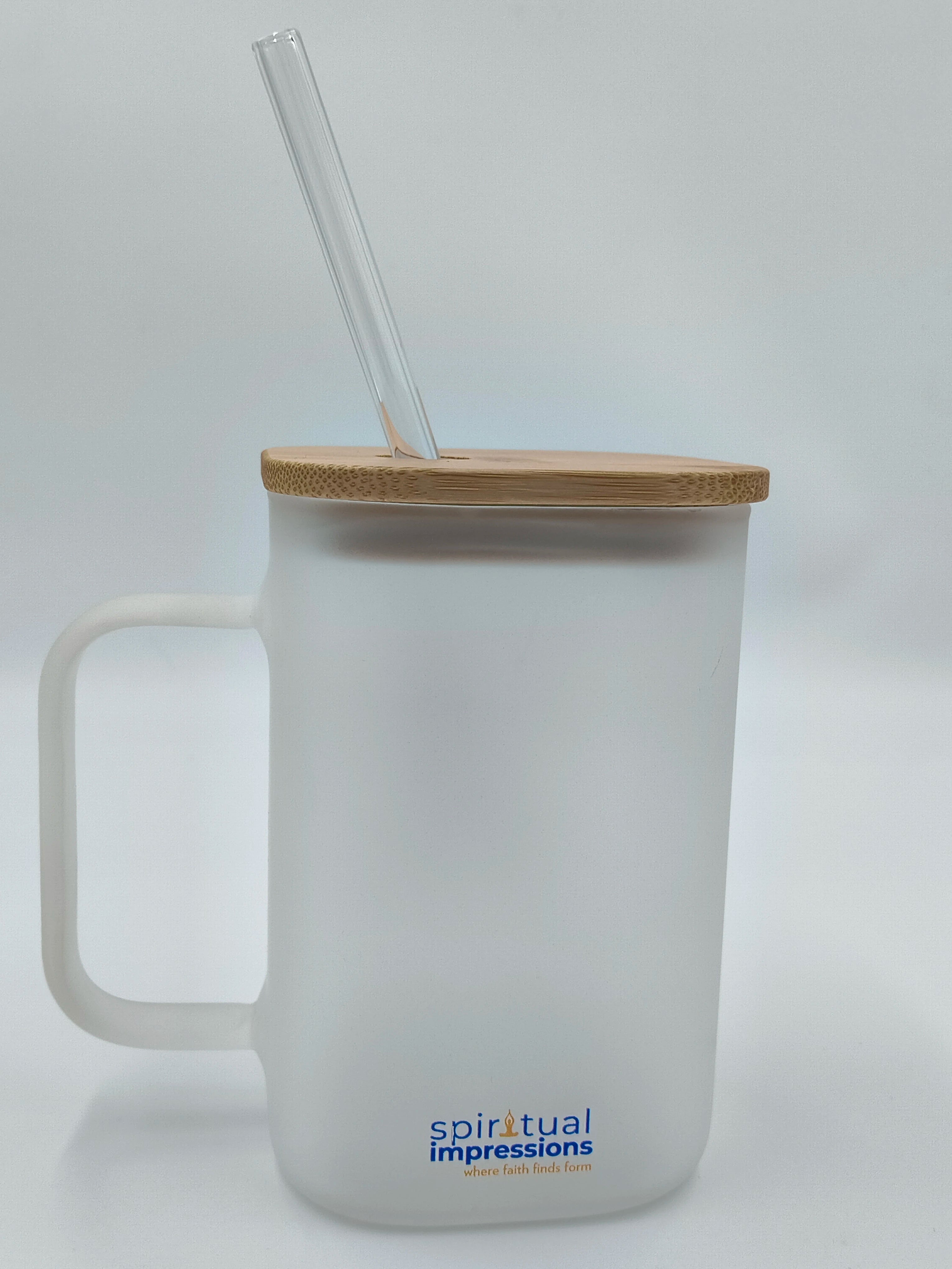 Frosted glass mug with wooden lid and clear glass straw, Spiritual Impressions logo
