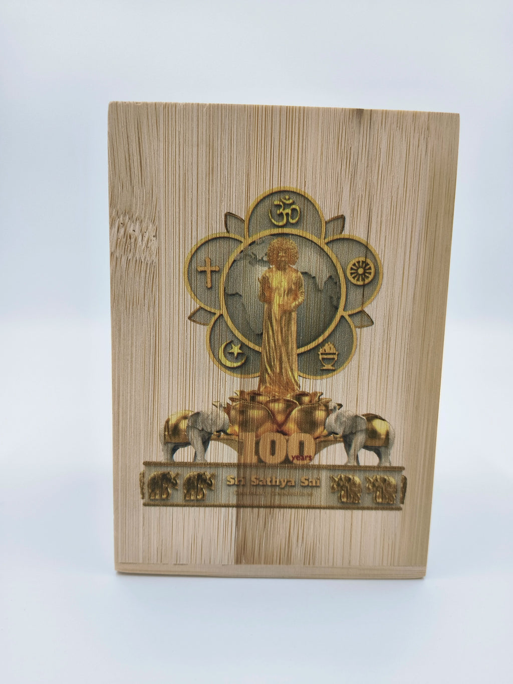 Large wooden pen stand featuring Sri Sathya Sai Centenary Celebrations logo
