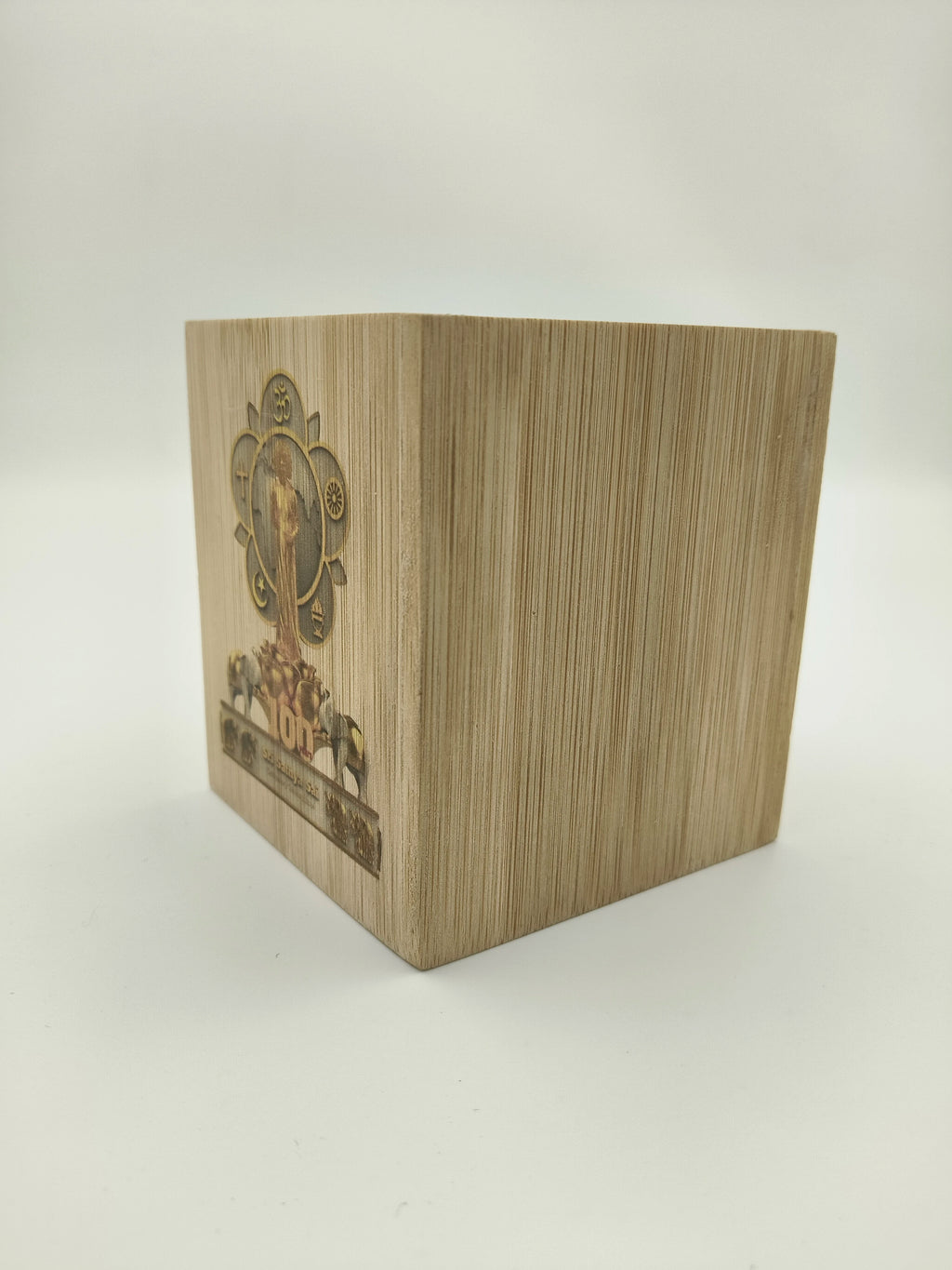 Small wooden pen stand with Sri Sathya Sai centenary celebrations logo