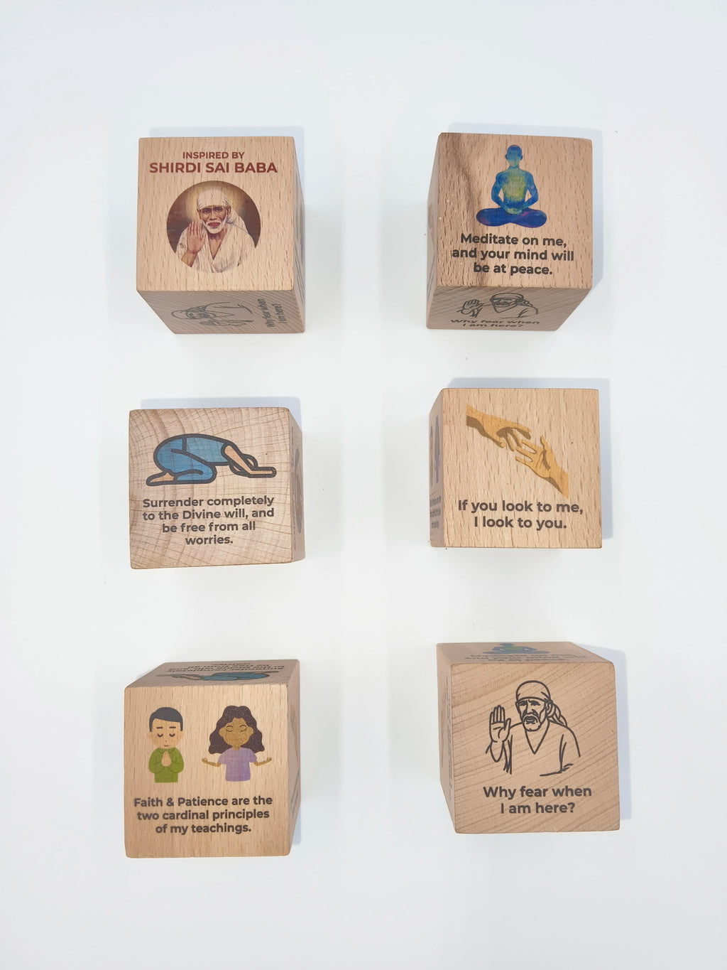 Inspirational wooden cube featuring Shirdi Sai Baba images and spiritual quotes